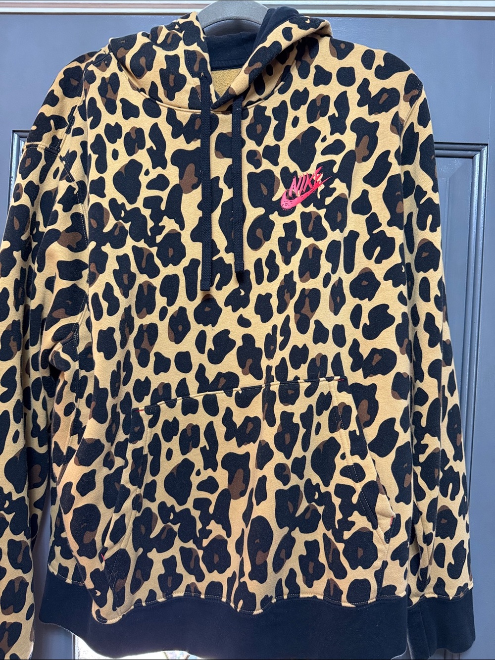 Nike mens Leopard Print Hoodie in Tan, Black & Brown with Pink Logo #41